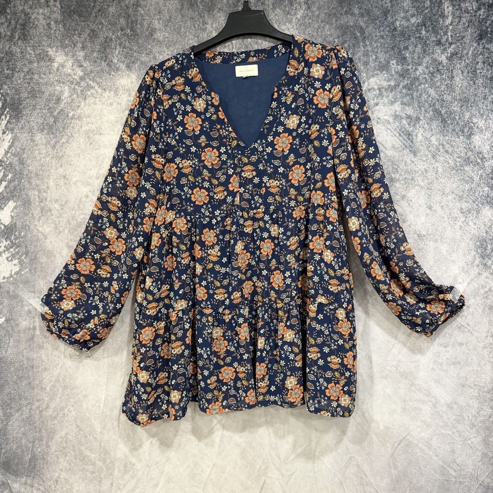 Melloday Floral Tiered Mini Dress Womens L Blue Orange Boho Long Sleeve